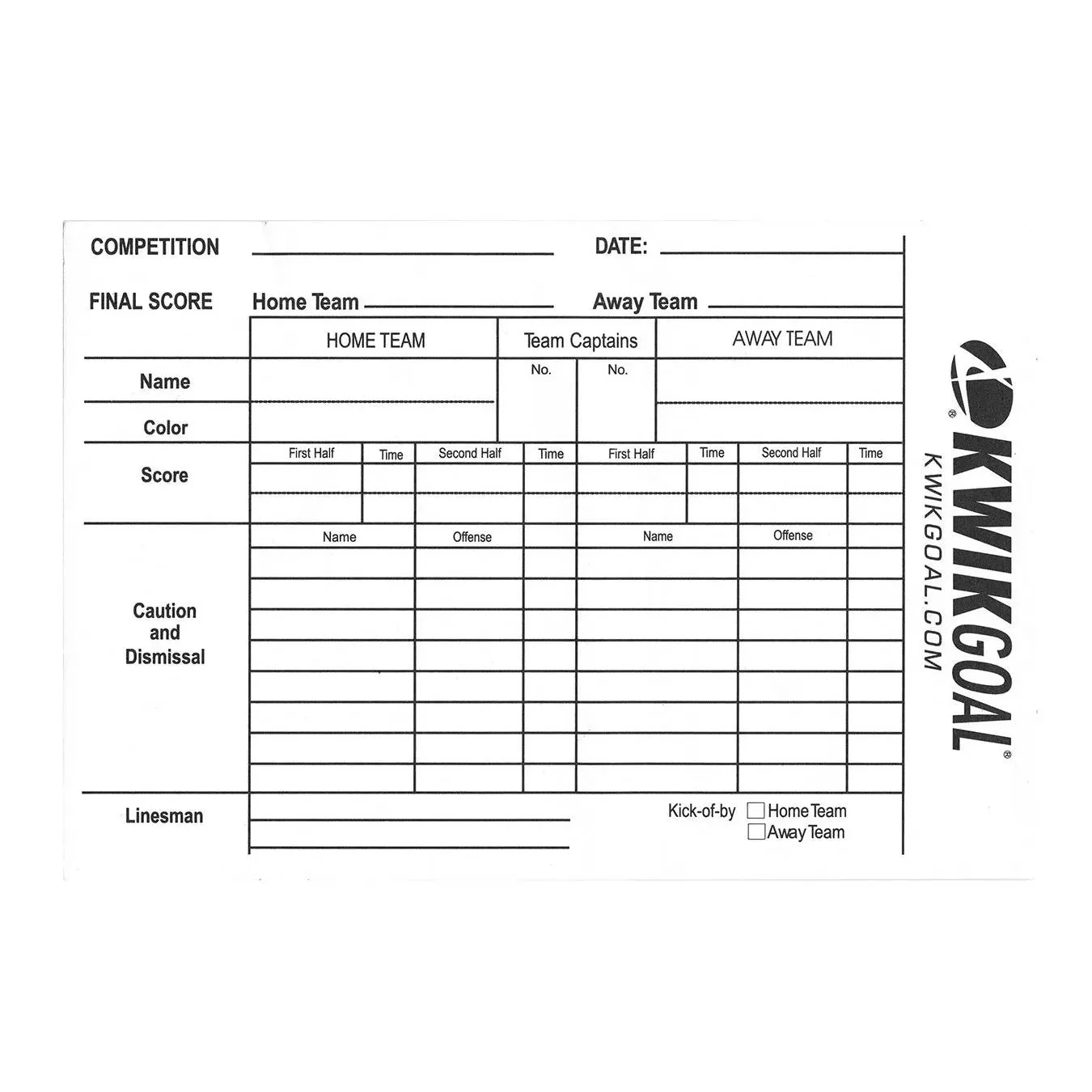 Kwik Goal Referee Score Sheet